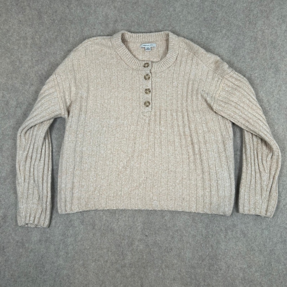 American Eagle Henley Sweater Womens Medium Beige Ribbed Knit Long Sleeve